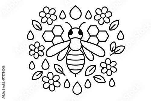 Bee and Nature Mandala. Bee in the middle with honeycombs, flowers, droplets, and leaves radiating outward in symmetrical design,