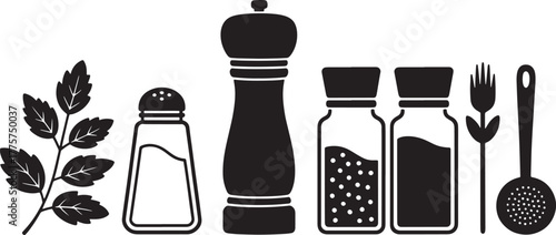 Black silhouette of kitchen utensils and spices on white background cooking food