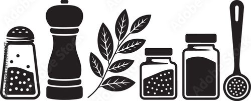 Black silhouette icons of kitchen seasonings and utensils on white background salt shaker pepper mill