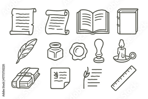 Naturalist Study Icons. Line style icons of naturalist study: parchment sheet, scroll, folio, codex; quill pen, inkwell, wax seal,