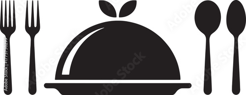 Black silhouette of a covered dish with two forks and two spoons on a white background cutlery