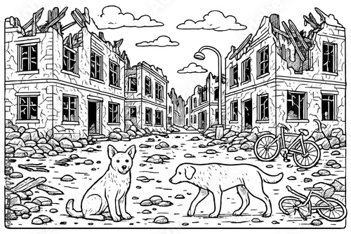 Post-Apocalyptic Street Art. Post-apocalyptic street with burned-out buildings, shattered windows, broken bicycles, and stray dogs