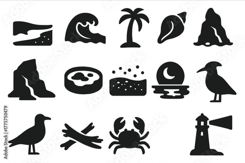 Nocturnal Coastline Icons. Solid style icons of Nocturnal coastline: sandy beach, crashing wave, palm tree, conch shell, rocky
