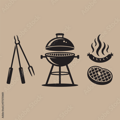 Black silhouette icons of barbecue grill tongs steak and sausage with steam on beige background vector