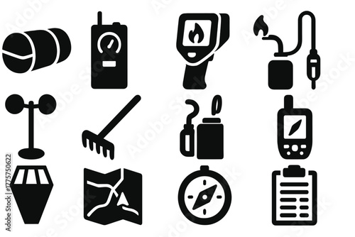 Fire Ecology Tools Icons. Solid style icons of Fire ecology tools: fire shelter, weather gauge, infrared camera, soil thermometer,