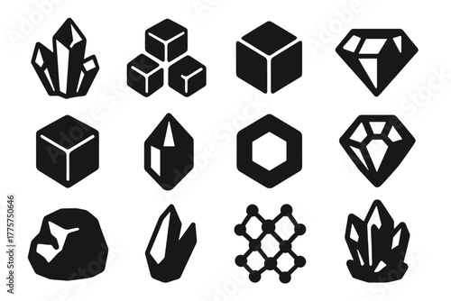 Crystal Structure Icons. Solid style icons of crystal structures and materials: quartz, sugar crystal, salt crystal, diamond, cube