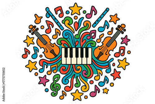 Musical Mandala Symphony. Piano keyboard in the center with notes, violins, flutes, and stars forming a musical mandala