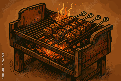 Rustic Grill Delight. Rustic wood-fired grill with glowing embers and sizzling meat skewers, vector illustration rich textures,
