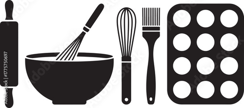 Black silhouette of baking utensils including rolling pin whisk bowl pastry brush and muffin tin cooking