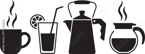 Black silhouette icons of hot beverages and drinks on white background coffee cup steam hot drink