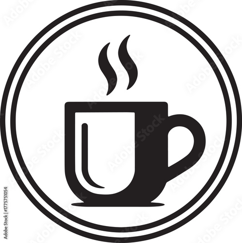 Black and white icon of a steaming coffee cup within a double ring hot drink beverage