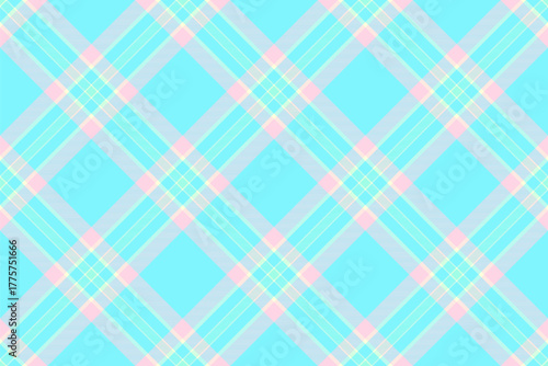 Pastel plaid pattern in turquoise, pink and yellow, angled. Versatile textile design for backgrounds, apparel, and creative projects requiring a soft, colorful touch.