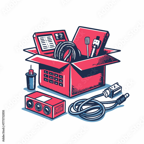 Hand drawn computer parts and cables in box image on white background. Vintage style. Vector illustration.