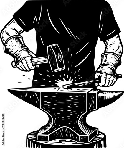 A blacksmith in protective gloves strikes glowing hot metal with a hammer on an anvil, creating sparks.
