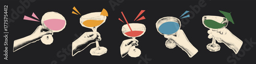 Halftone hands holding cocktail glasses with colorful drinks. Modern retro collage vector illustration for grunge funny mixed media party design, stickers for digital scrapbook
