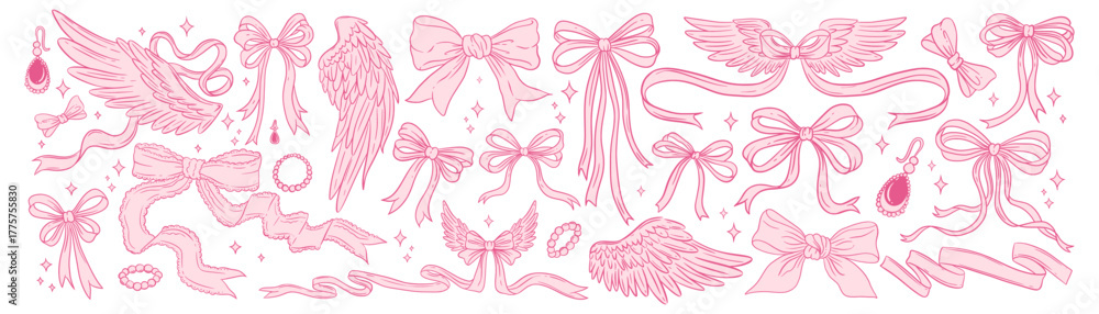Φωτογραφία Coquette pink bows and angel wings set, feminine lace ribbons, jewelry and sparkles isolated on white background, romantic girly illustration for stickers and design elements