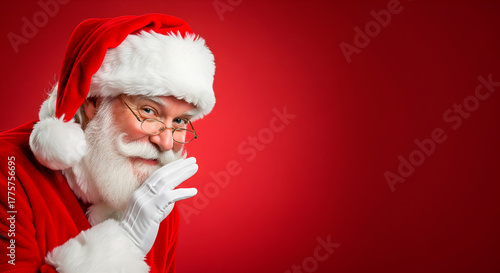 Santa Claus winks and gestures a secret on a vibrant red background