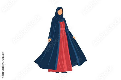 Woman in a stylish navy blue abaya over a vibrant red dress