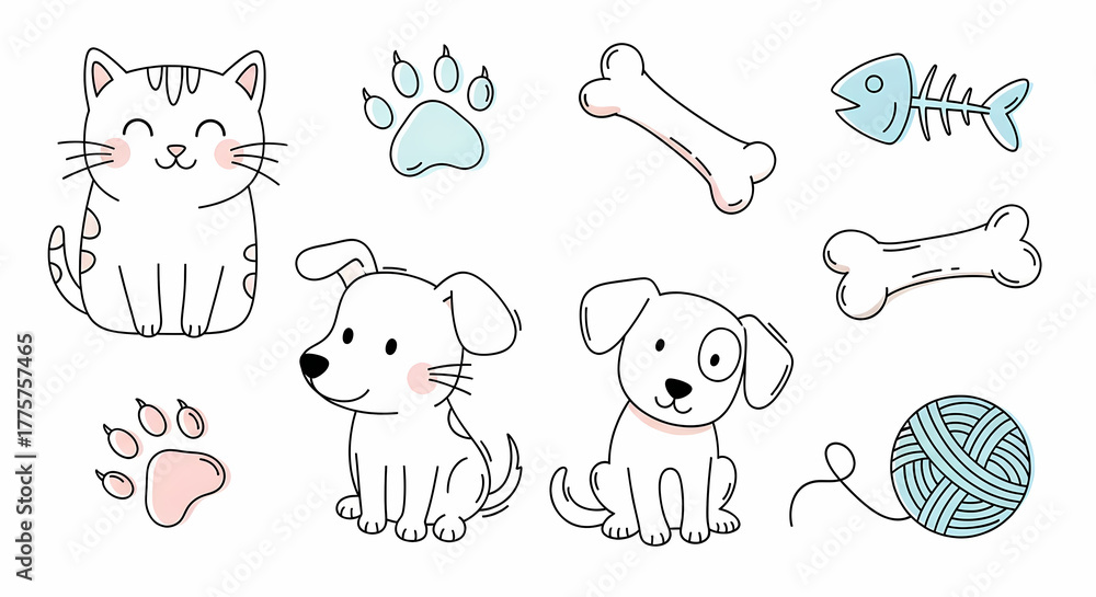 Obraz premium Set of playful hand drawn illustrations of pets and pet supplies. Cute doodles of cat, dog, paw print, bone, fishbone, ball of yarn. Lovable and simple line art for animal lovers