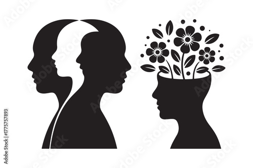 Silhouettes of heads with one blooming with flowers representing growth and transformation