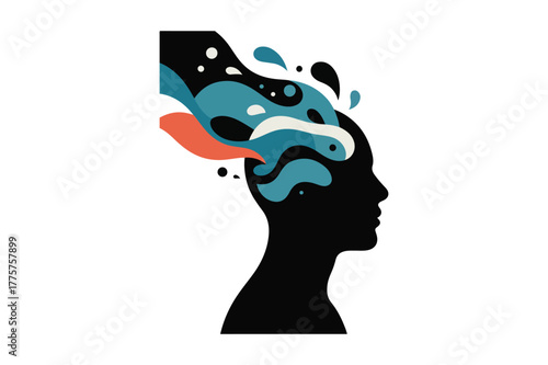 Abstract colorful thoughts erupting from a silhouette head
