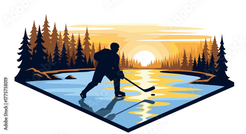Sunset hockey scene silhouette of player on forest lake