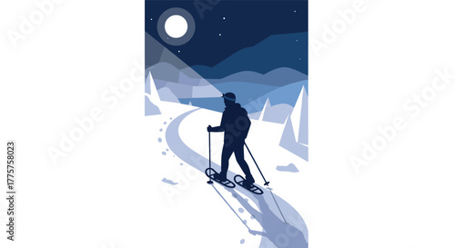 Moonlit winter night silhouette of crosscountry skier in mountain landscape