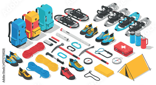 Essential hiking gear and equipment set in isometric style for outdoor adventures