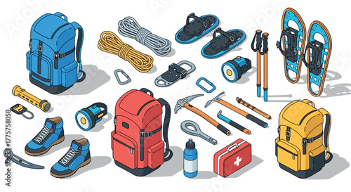 Outdoor adventure equipment in isometric style backpacks, gear, and tools for hiking and camping