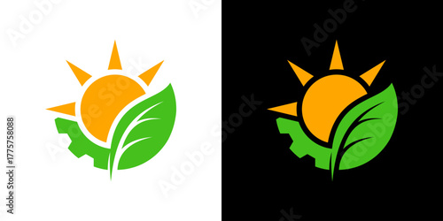 logo design illustration of gear shape, sun in the middle and growing leaves.