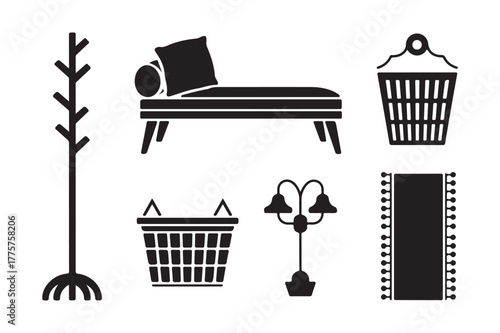 Collection of black and white furniture and home decor icons