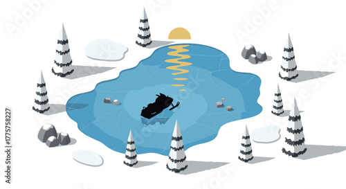 Tranquil winter scene with isometric frozen lake and silhouette sled