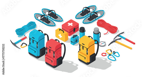 Isometric winter camping gear with backpacks and safety equipment