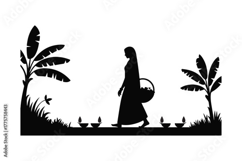 Silhouette of a woman carrying a basket amidst banana trees and diyas