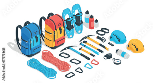 Isometric winter hiking gear backpacks, climbing equipment, helmets, and ropes
