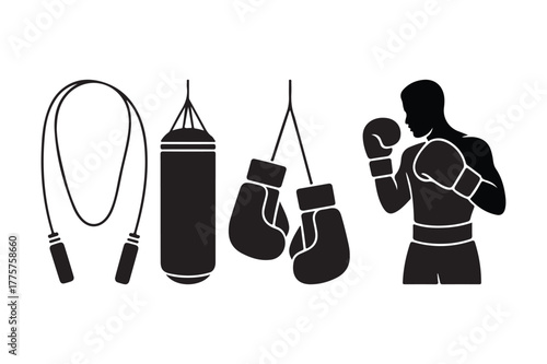 Boxing workout equipment and fighter silhouette