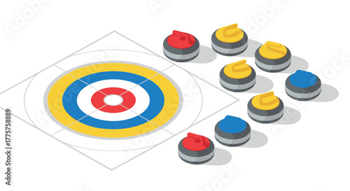 Curling stones and target concept in isometric style with bright colors