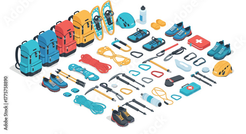 Essential mountain gear collection in isometric design for outdoor adventure and safety