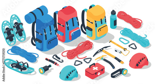 Vibrant camping gear and equipment collection featuring backpacks and safety helmets