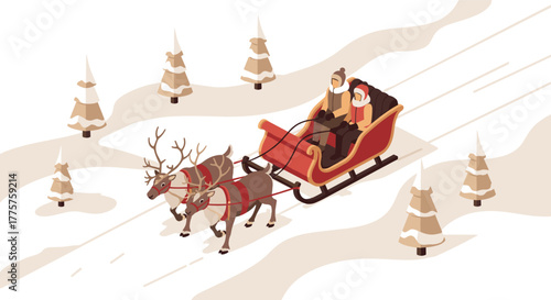 Festive winter scene with santa sleigh and reindeer in snowy landscape