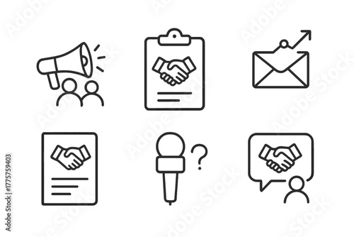 M&A Icon Set. Line style icons of mergers & acquisitions: internal announcement, stakeholder update, investor letter icon,