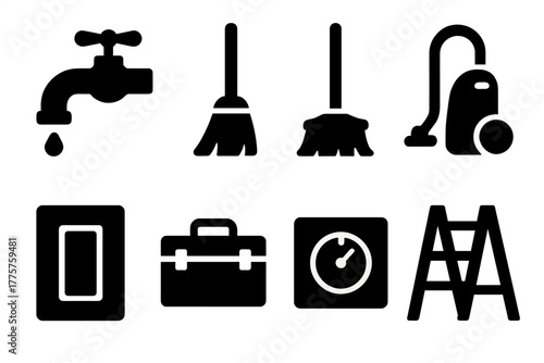 Household Maintenance Icons. Solid style icons of household maintenance: faucet, broom, mop, vacuum cleaner, light switch, toolbox