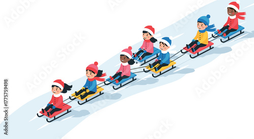 Children sledding downhill in winter snowy landscape with smiling faces