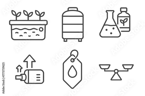Hydroponics Line Icons. Line style icons of hydroponics: nutrient reservoir, storage tank icon, nutrient solution mix, water pump