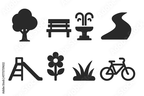 Green Space Icon Set. Solid style icons of green spaces: tree, park bench, fountain, walking path, playground, flower, grass patch