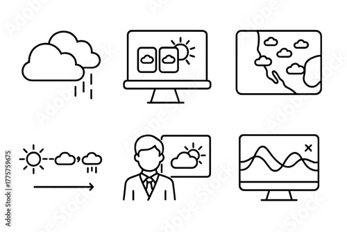 Meteorology Line Icons. Line style icons of meteorology: weather forecast icon, 3-day outlook, 7-day weather map, sun-cloud-rain