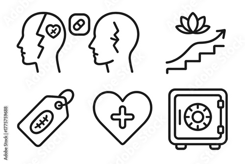Mental Health Icons. Line style icons of mental health: trauma and healing, broken mind symbol, healing steps icon, emotional scar