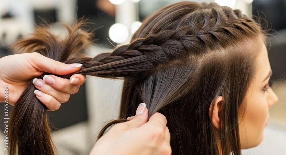Fototapeta premium A woman is getting her hair done showing hands braiding thick dark hair on woman’s head in salon