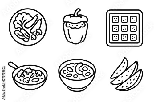 Vegan Diet Icons. Line style icons of vegan diet: vegan dinner meals, stuffed bell pepper icon, baked tofu cubes, stir-fried