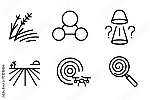 Crop Circle Icons. Line style icons of Crop Circle: Flattened Crop, Pattern, Mystery, Investigation, Field, Spiral Design, Drone,
